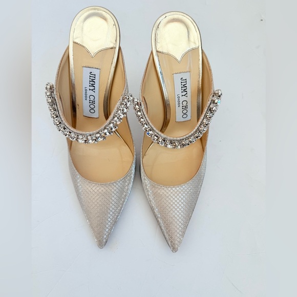 Jimmy Choo Gold Champagne Bing 100 Glitter Fabric Mules w/ Crystal Strap EU 37.5 - Picture 4 of 10